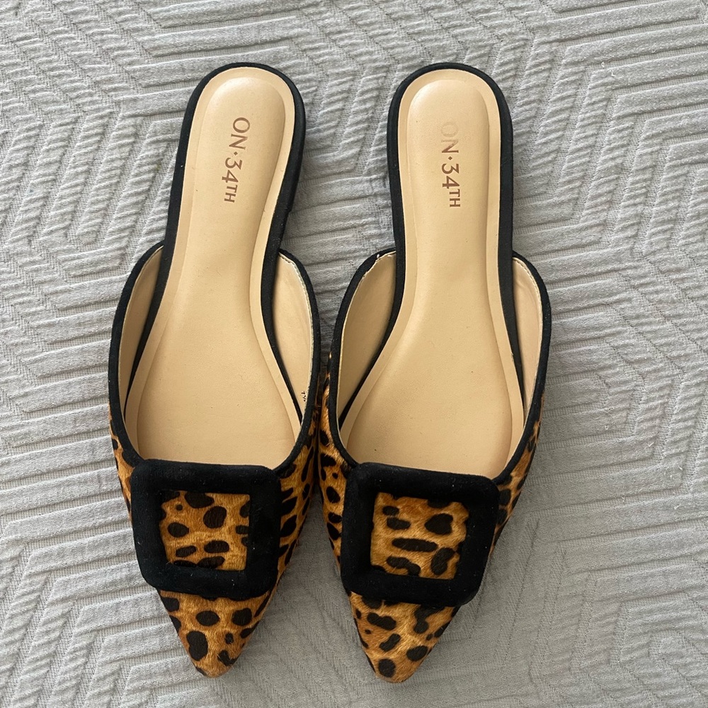 Brown and Black Leopard Print Mules with Gold Accent